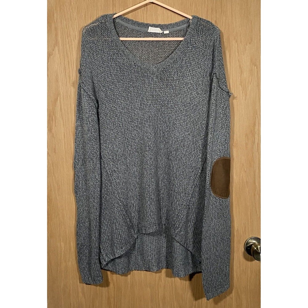 Retrod Women's Sz XL Open Knit Gray Sweater Brown Elbow Patches Slouchy Casual